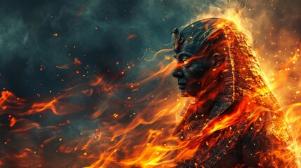 Ancient statue engulfed in flames with dark, smoky background at dusk