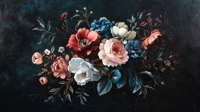 Fashionable painting of a moody flowers on a dark background, delightful appearance