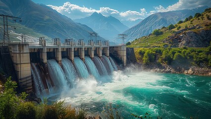 Hydroelectric Dam in Full Operation with Water Flowing Through Spillways Against Rugged Mountains and Clear Blue Sky - Sustainable Energy Generation