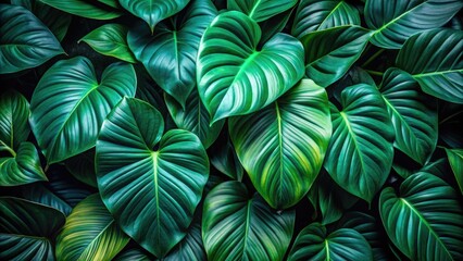 Fototapeta premium Vibrant dark green tropical leaves densely packed in a lush foliage arrangement, showcasing intricate leaf textures and veins against a natural, earthy background.