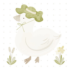 Cute White Duck with Hats in Watercolor Style