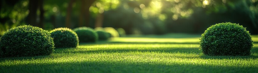 Fototapeta premium Beautifully Manicured Lawn with Perfectly Shaped Bushes in a Sunlit Garden