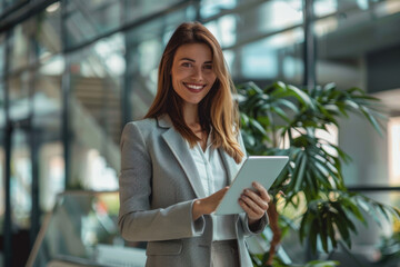Young smart busy businesswoman executive, female company worker or manager holding digital tablet using pad technology device working standing in modern corporate office.