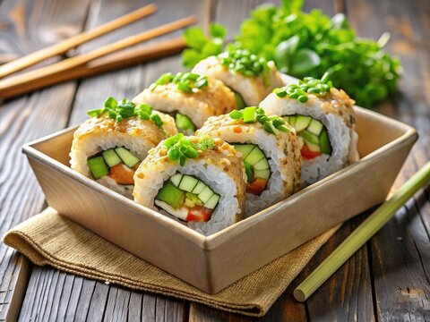 Freshly prepared sushi rolls packed in a compact paper container, garnished with green onions and sesame seeds, ready for a quick and easy meal on-the-go.