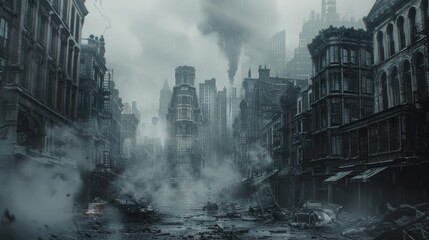Desolate urban landscape after a catastrophic event with ruined buildings and debris