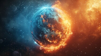 A fiery earth captured amidst cosmic flames and swirling galaxies in deep space
