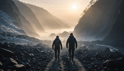 Bay Lost in Foggy Winter: The Pathfinder's Trek Enveloped in Landslide
