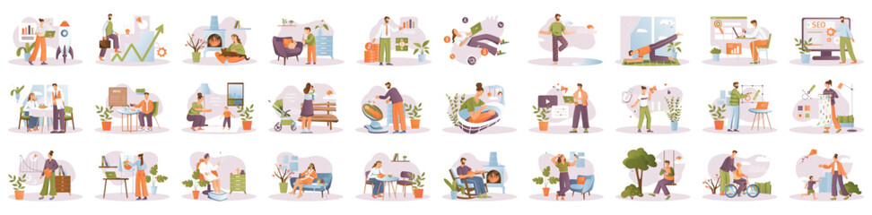 Bundle of color concepts with people scene in flat cartoon design. Career, meditation, pets, self care and many other topics are depicted in this collection. Vector illustration.