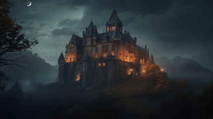 Vampire palace castle night comic style silhouette illustration.