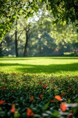 Lush Green Park with Vibrant Red Flowers and Sunlit Trees in a Serene Natural Setting