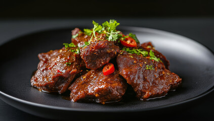 Fototapeta premium Indonesian traditional beef rendang on dark background. Indonesian spicy beef stew