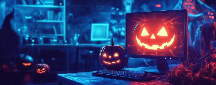 A flickering candle illuminates a carved pumpkin's spooky grin, casting eerie shadows on a dark Halloween night