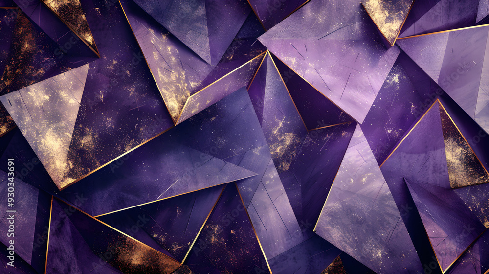 Canvas Prints background of dark purple polygon texture with gold border and glitter with soft glow.