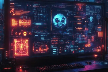 Obraz premium Cyberpunk Halloween, neon-lit screen, haunted cityscape, dark computer interface