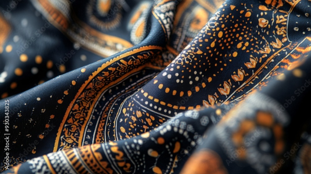 Poster a close-up view showcases the detailed patterns and textures of a fabric featuring vibrant colors an