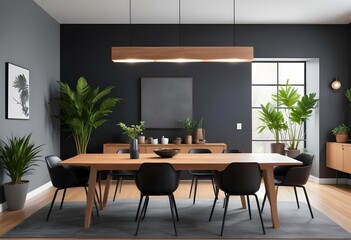 Fototapeta premium A modern dining room with a large wooden table, black chairs, and potted plants on the table. The room has a dark gray wall and pendant lights above the table.