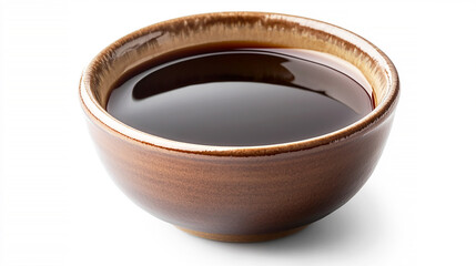 bowl of dark, glossy teriyaki sauce with a rich, caramel color, isolated on a white background