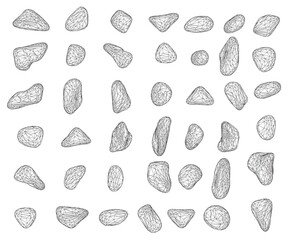 Set of wireframe pebbles and natural stones. Hand drawn illustration vector. Isolated on white background.