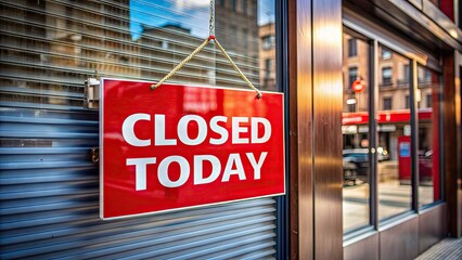 Fototapeta premium A bold red sign hangs on a deserted storefront with a locked door, announcing 