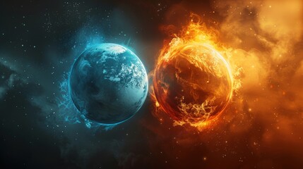 Fototapeta premium Earth and fire planets in contrasting colors against a cosmic backdrop