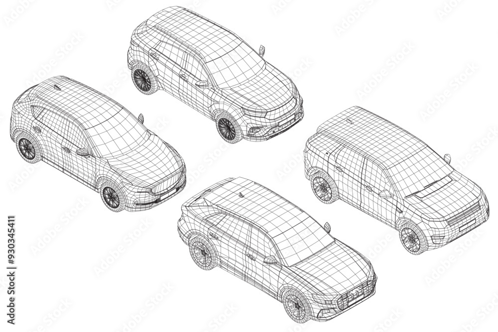 Poster set of wireframe different models of cars. vector flat style illustration. isometric view car vector