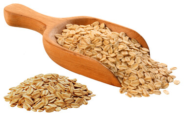 colher de madeira com grãos de aveia isolado em fundo transparente