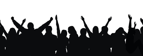 Black silhouette of cheering crowd in seamless pattern on transparent background - concert, performance, nightclub party or sports event fans	
