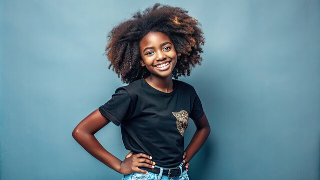 A bright-eyed young African American girl with a big smile wears a black graphic t-shirt and trendy jeans, exuding confidence and youthful energy.