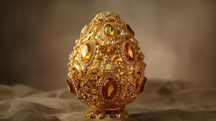 Decorative golden egg adorned with jewels displayed on a textured surface