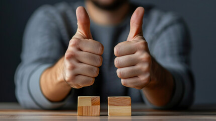 Person showing double thumbs up gesture with wooden blocks on a table, symbolizing strong approval and encouragement.