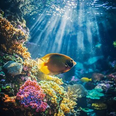 Yellow Angelfish Swimming in a Vibrant Coral Reef