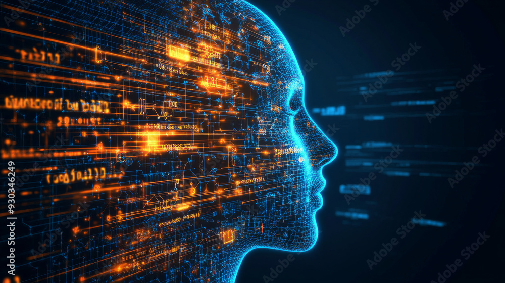 Poster a computer generated image of a face with a blue background