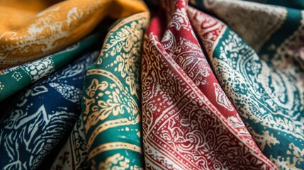 Vibrant textiles with intricate patterns are beautifully arranged to showcase their rich colors and designs.