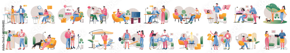 Aufkleber mega set of gradient concepts with people scene in flat cartoon design. different topics are depicte