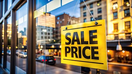 A bright yellow and black sale price sign hangs from a storefront window, surrounded by reflections of bustling city life in the background.