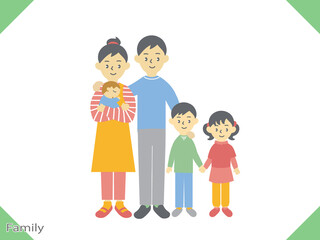 家族のイラスト、若い夫婦と子供3人の家族