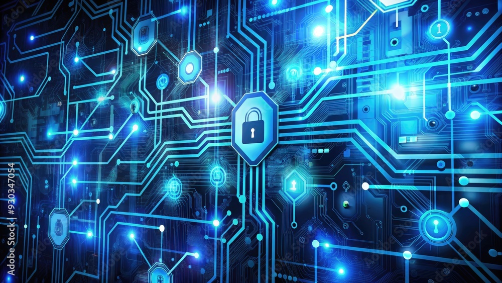 Poster abstract digital background featuring intricate circuit board patterns, glowing blue codes, and cryp