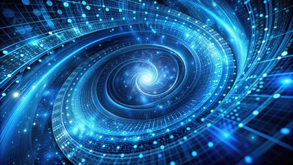 Obraz premium Abstract blue digital background with swirling patterns of ones and zeros, representing data flow and technology in a futuristic cyber space environment.