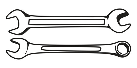 vector wrench and ring wrench, black and white mechanic equipment