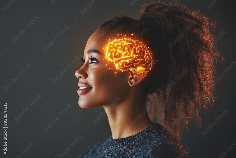 Poster profile of a woman with glowing neural patterns contemplating deeply in a soft neutral environment s