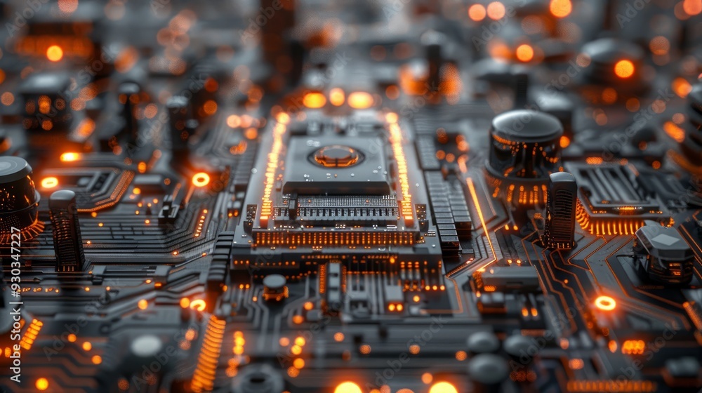 Poster intricate close-up of a circuit board with glowing components in a high-tech setting
