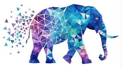 Obraz premium Abstract geometric elephant silhouette composed of vibrant triangle fragments in shades of blue and purple, set against a bright white background with subtle texture.