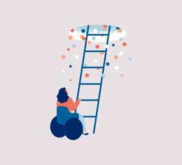Woman with disability in the wheelchair wants to raised up the stairs. Female with disability can't climbs the ladder to success and dream. Vector illustration