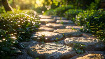 Naklejka premium A winding stone pathway through a lush green garden at sunset