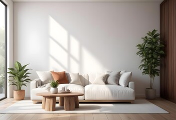 A modern, minimalist living room with a large, comfortable white sofa, accent pillows, and a wooden coffee table. The room is clean.