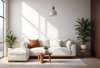 Naklejka premium A modern, minimalist living room with a large, comfortable white sofa, accent pillows, and a wooden coffee table. The room is clean.