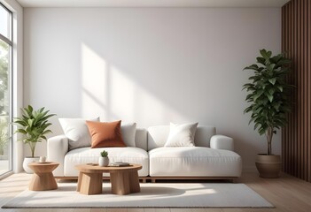 A modern, minimalist living room with a large, comfortable white sofa, accent pillows, and a wooden coffee table. The room is clean.