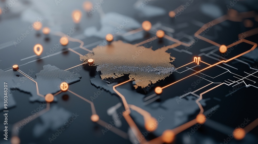 Poster global connections: a 3d rendering of a world map with glowing orange lines connecting continents, s
