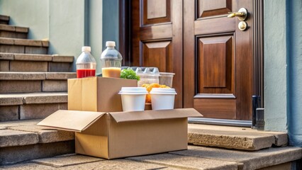 A cardboard box and plastic bag filled with various takeout containers and drinks from different restaurants sit on a doorstep, waiting to be devoured.