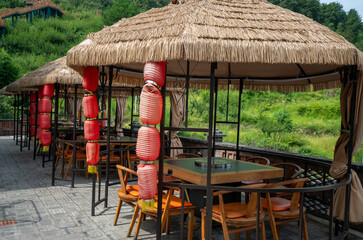 Outdoor restaurant of rural resort hotel